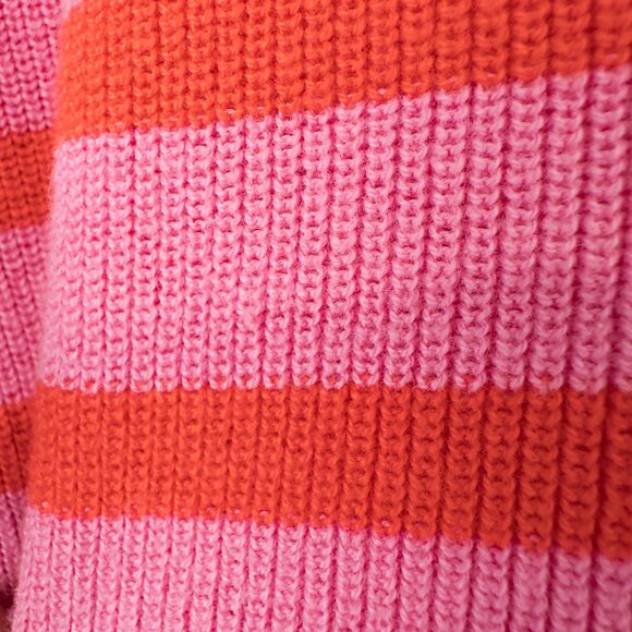 LOFT Stripe Textured Split Neck Sweater Womens Medium Pink Burst Cotton Preppy - Picture 9 of 16